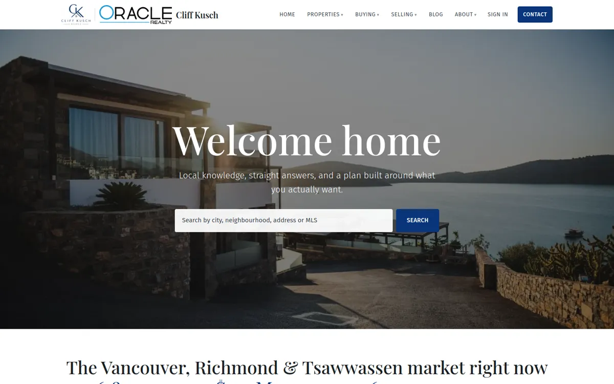 Homepage of cliffkuschhomes.ca: a waterfront home photo with a &ldquo;Welcome home&rdquo; listing search