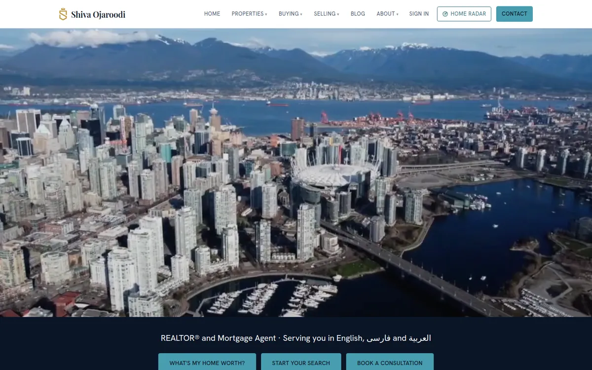 Homepage of shivayourrealtor.ca: an aerial video of downtown Vancouver under Shiva Ojaroodi&rsquo;s navigation bar