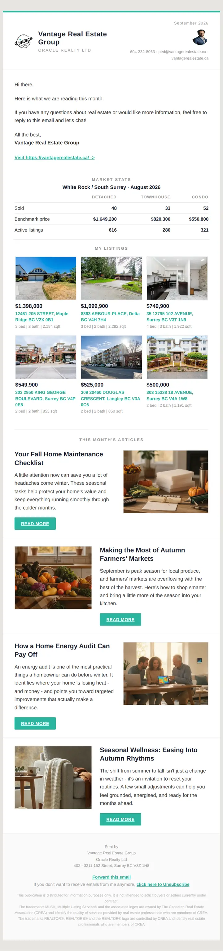 The September 2026 monthly mailer: market stats, current listings and four articles