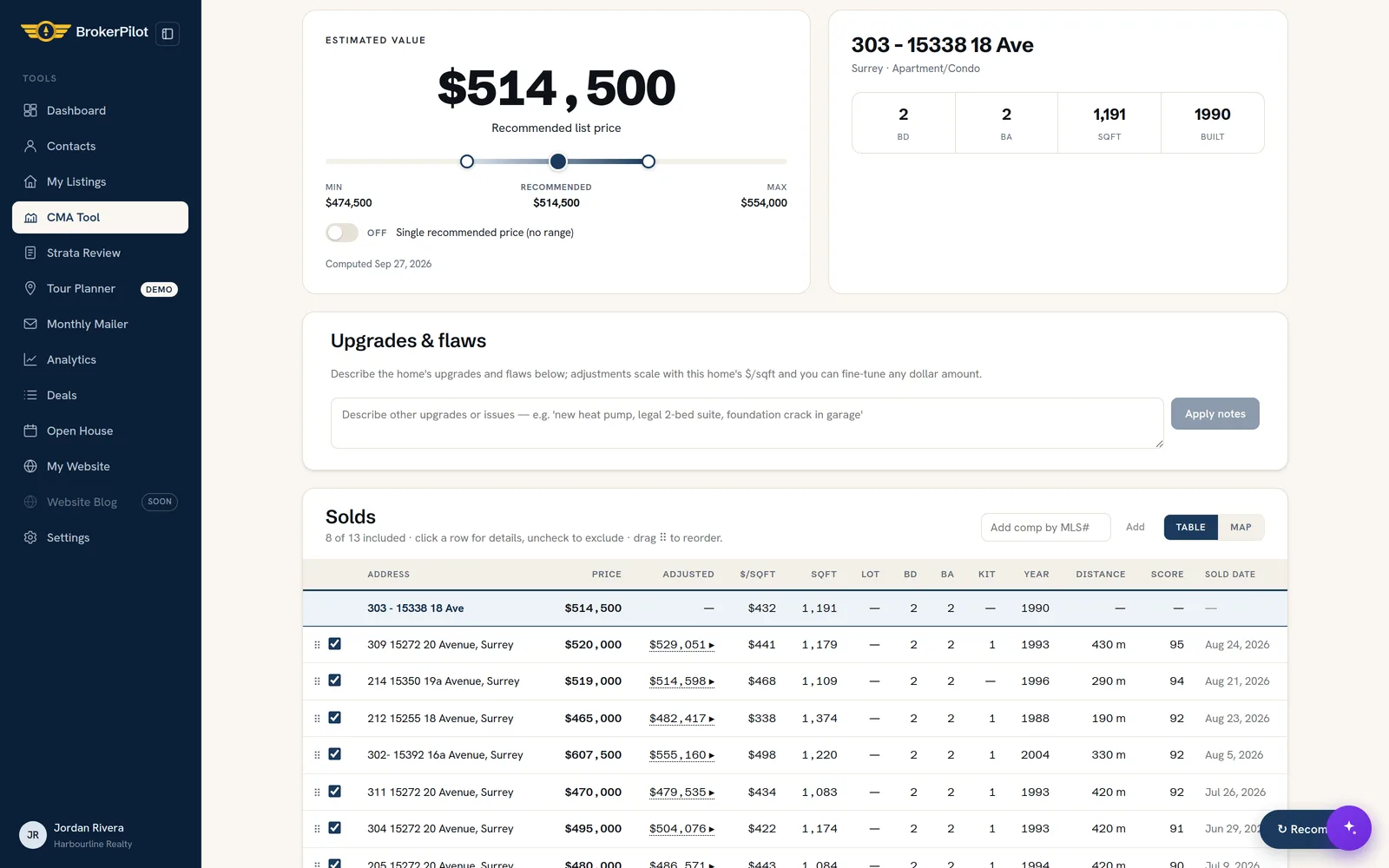 A BrokerPilot CMA report: estimated value with a recommended range and adjusted sold comparables